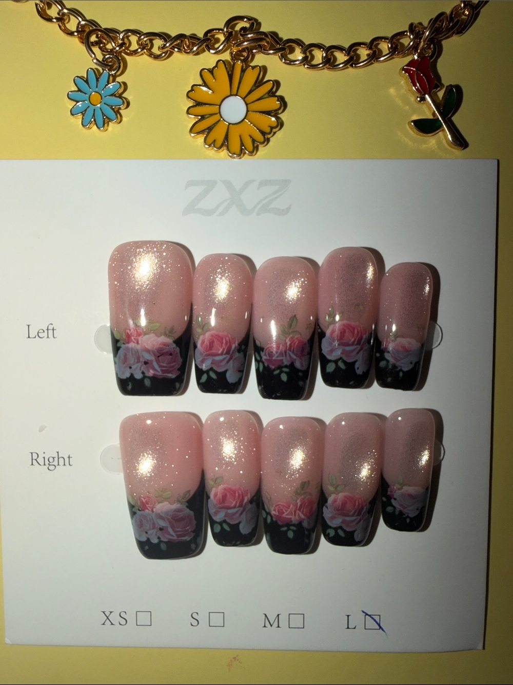 Pink Floral Press-On Nails with Black Tips